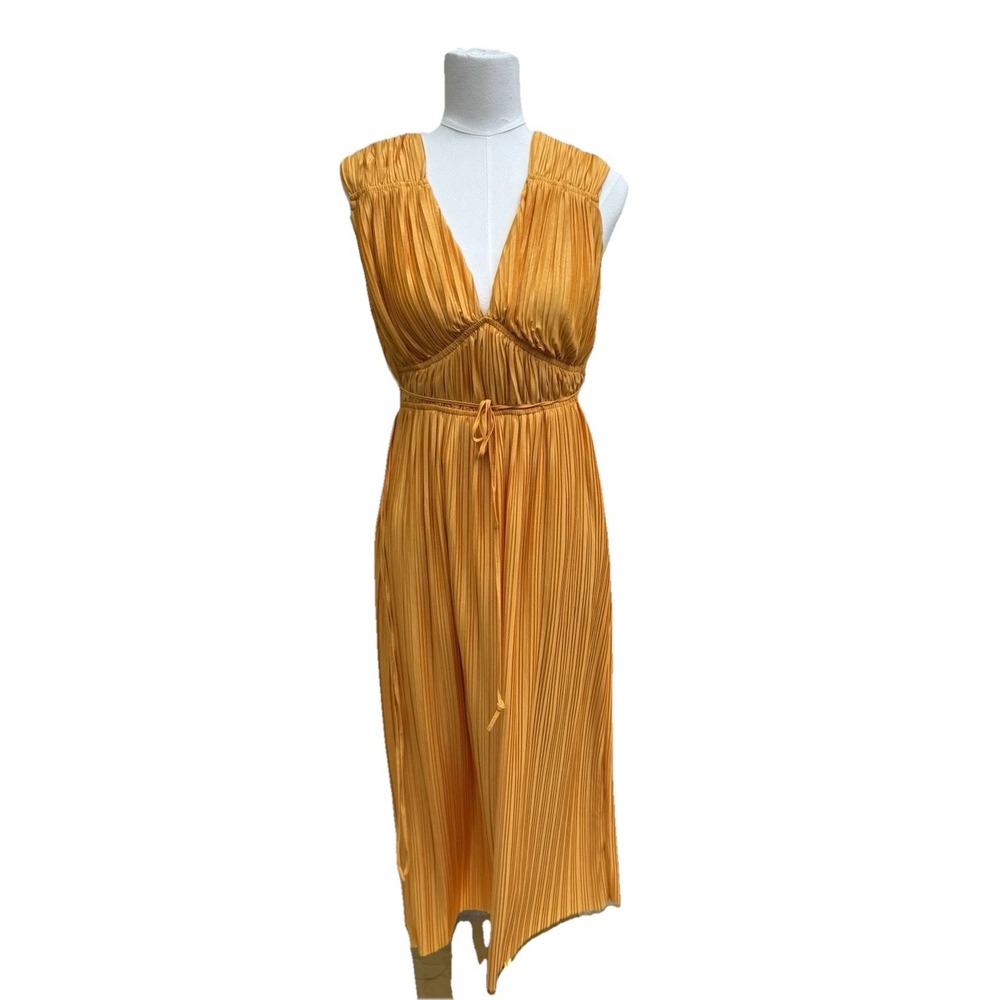 Endless Rose Mustard Gold Pleated Satin Maxi Dress Small Cutout Occasion Summer
